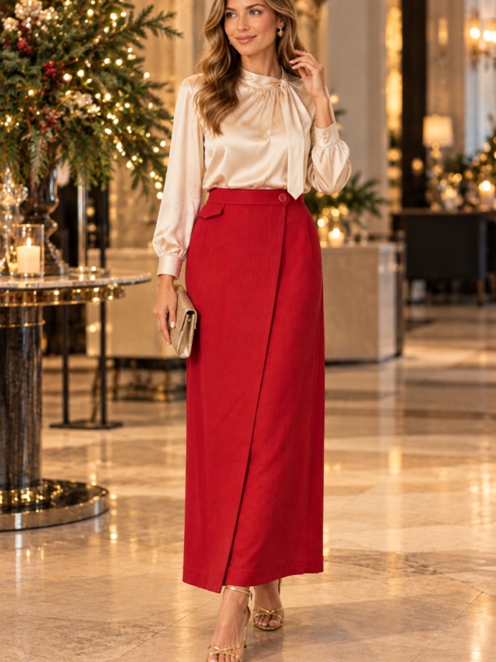 NEW VTG Esprit LINEN blend maxi wrap skirt 11 red event holiday Christmas party